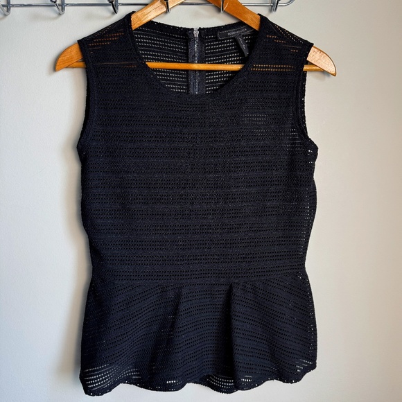 BCBGMaxAzria Women's Eyelet Mesh Peplum Top Sleeveless Black Medium Sheer Zipper - Picture 1 of 10